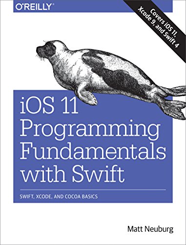 "Book cover with a seal illustration and title 'iOS 11 Programming Fundamentals with Swift'."