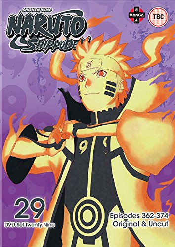 "Naruto Shippuden DVD cover featuring anime character with orange flames and purple background."