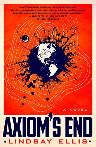 The alt text for the image is: "Book cover with a splattered Earth against an orange background."
