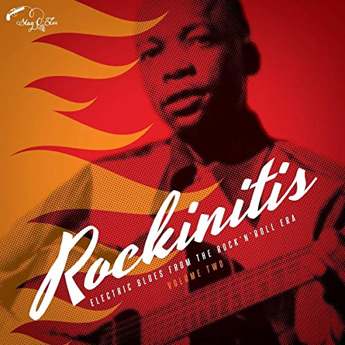 "Vinyl album cover featuring a man playing an electric guitar with flame graphics."