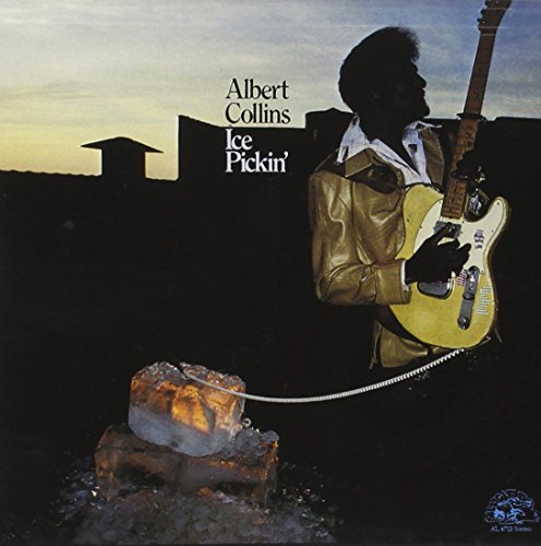 "Album cover featuring a man playing guitar with an ice pick in the foreground."