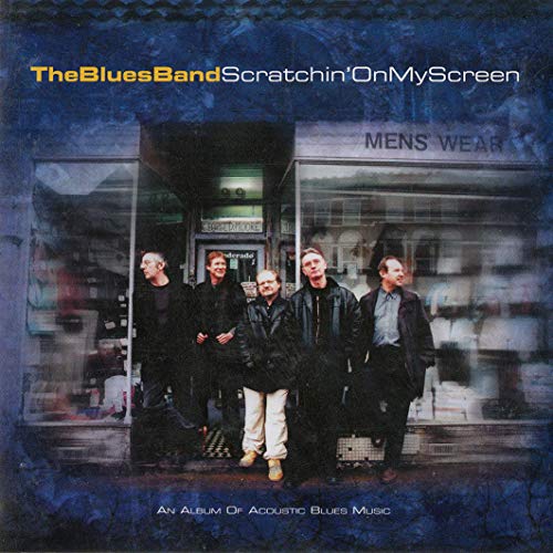 "CD cover with four men standing outside a menswear storefront, blurred background."