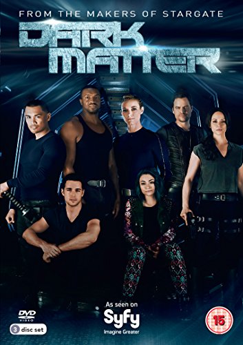 "Dark Matter Season One DVD cover featuring a group of seven actors in dark attire."