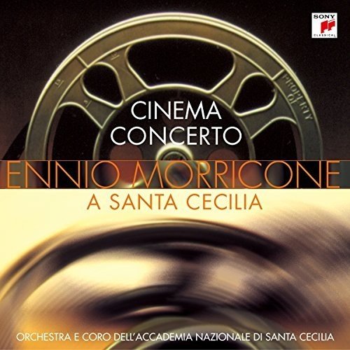 "Vinyl album cover featuring a film reel and text 'Cinema Concerto Ennio Morricone'."