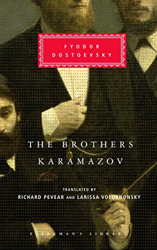 "Book cover of 'The Brothers Karamazov' featuring three men in old-fashioned clothing."