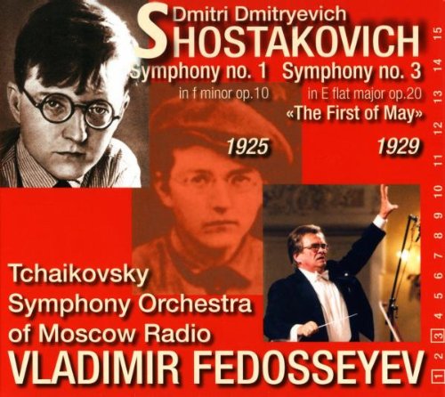 Red album cover with three images of a man and text about Shostakovich symphonies.