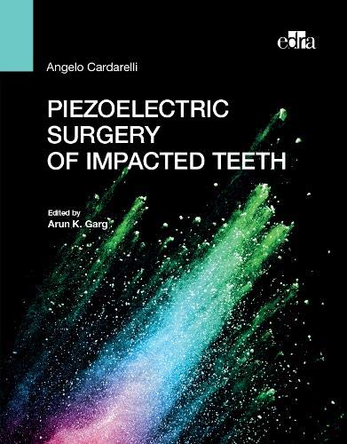 Book cover with title "Piezoelectric Surgery of Impacted Teeth" and colorful splatter design.