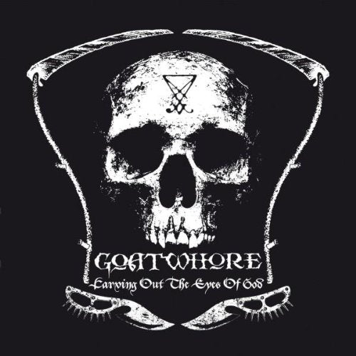 "Black album cover with white skull, symbol, and 'Goatwhore' text, surrounded by hat and claws."