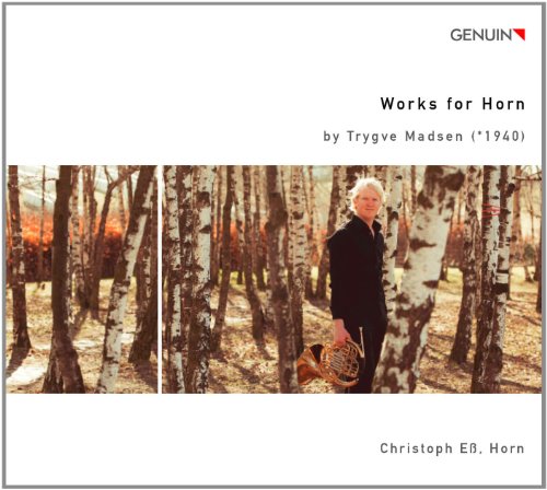 "CD cover with a man holding a horn in a forest, white background."