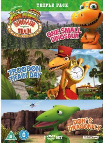 "Dinosaur Train" DVD cover featuring three cartoon dinosaurs in different prehistoric scenes.