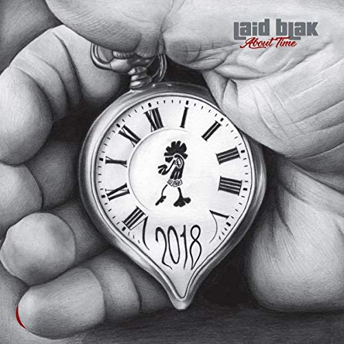 A hand holds a pocket watch with a rooster on its face.