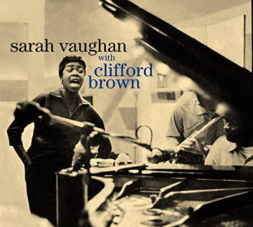 Sarah Vaughan album cover with sepia-toned image of her singing with jazz musicians.