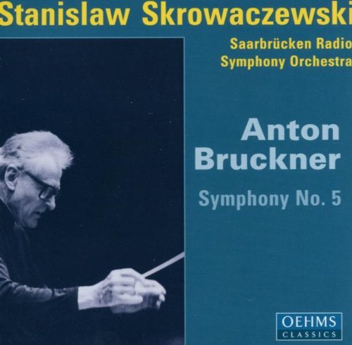 "CD cover with conductor's photo and text on blue background, featuring Anton Bruckner's Symphony No. 5."