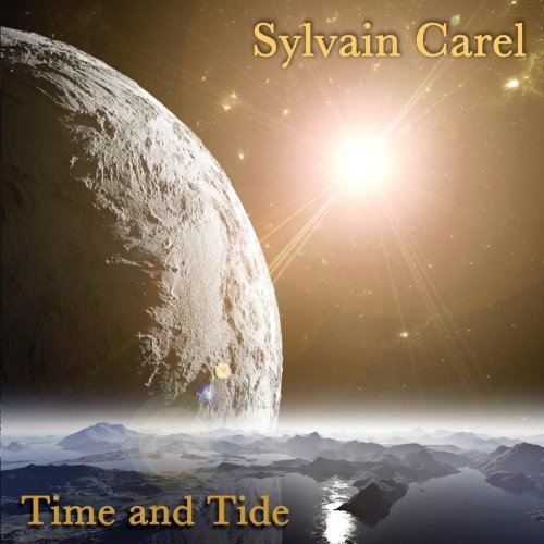 "CD cover with a planet, sun, and mountains, titled 'Sylvain Carel - Time and Tide'."