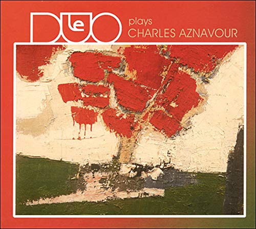 Red album cover with abstract painting and white text "Duo plays Charles Aznavour".