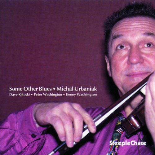 "CD cover with man holding violin, wearing purple shirt, against maroon background."