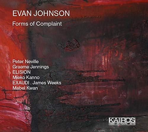 "Evan Johnson's 'Forms of Complaint' CD cover with abstract red and black background."