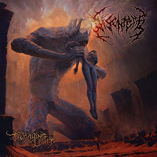Album cover art: grotesque creature holding a human figure, surrounded by a dark, fiery landscape.