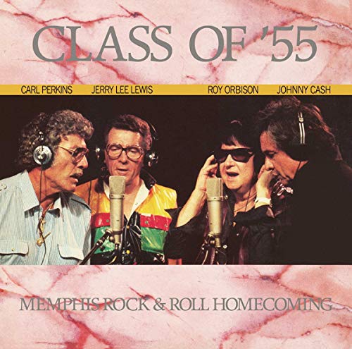 "Album cover with four musicians recording together, pink marble background, 'Class Of '55' title."