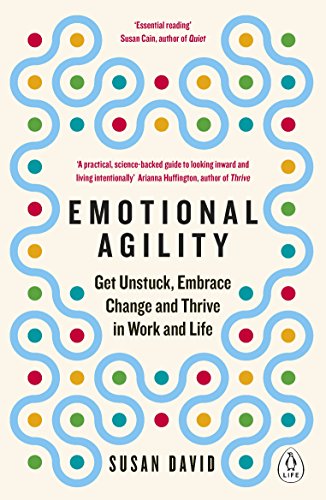 "Book cover with beige background, blue wavy lines, and multicolored dots, titled 'Emotional Agility'."
