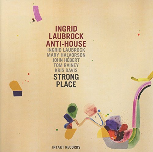 "Album cover with abstract shapes and text on beige background, listing artist and musicians."