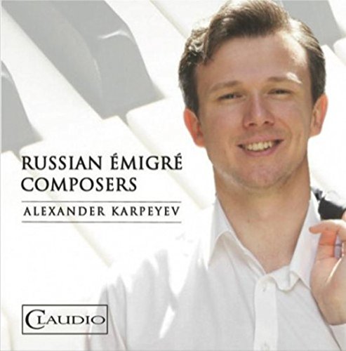 "CD cover featuring a smiling man in a white shirt, with text 'Russian Émigré Composers'."