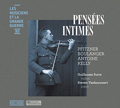 A man in a military uniform plays the violin, on a grey album cover.