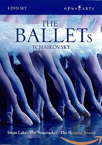 "Tchaikovsky ballet DVD cover featuring ballerinas' legs in tutus and pointe shoes, blue-toned image."