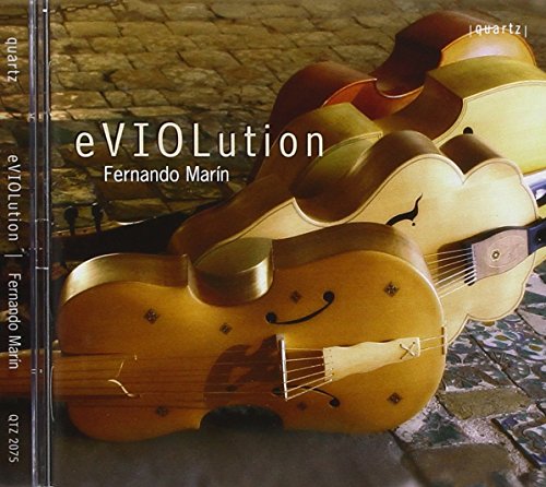 "CD cover featuring multiple electric violins with smiling faces on a tiled floor."