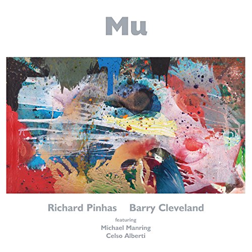 Album cover with abstract, multicolored painting and artist names in grey text on white background.