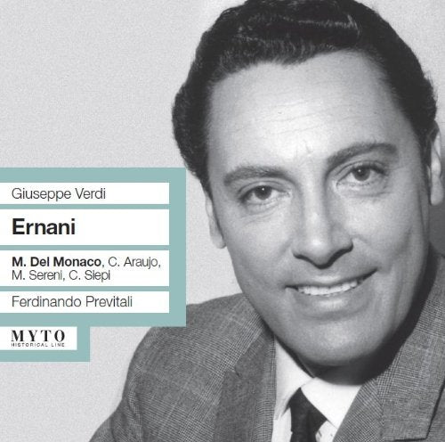 Black-and-white image of a man with text overlay describing an opera album cover.