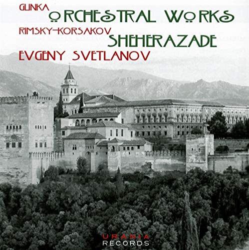 The image depicts a black-and-white photograph of a castle, with the title "ORCHESTRAL WORKS" and "SHEHERAZADE" prominently displayed. The alt text for this image could be: "Black and white castle image with green and red text overlay."