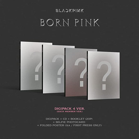 "Four photographs of Blackpink members on digipack covers, dark gray background, text describing contents."