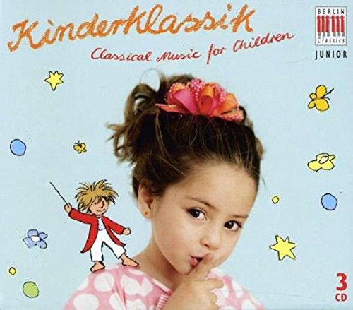 "Kinderklassik" CD cover featuring a young girl and cartoon conductor against a light blue background.