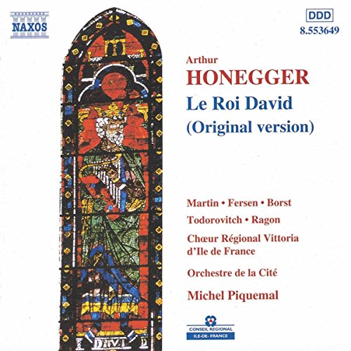 "Album cover featuring stained-glass window image and red and blue text on white background."