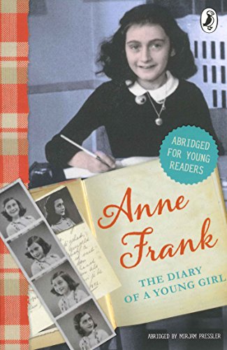 Book cover featuring black-and-white photo of Anne Frank writing, with diary pages and photos.