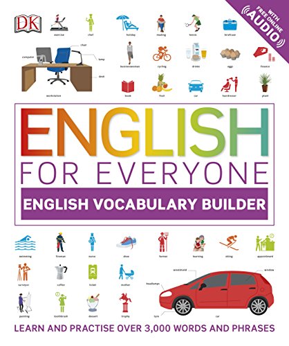 "Book cover with multicolored title 'English for Everyone' and various labeled illustrations."