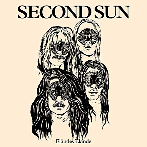 "Album cover with black illustration of four people with long hair on beige background."