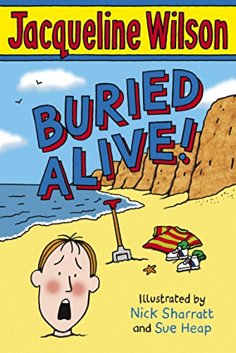"Book cover featuring a cartoon boy buried on a beach with a shocked expression."