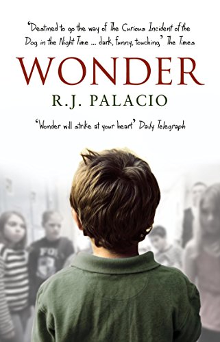 "Book cover of 'Wonder' by R.J. Palacio, featuring a boy with a hooded head."