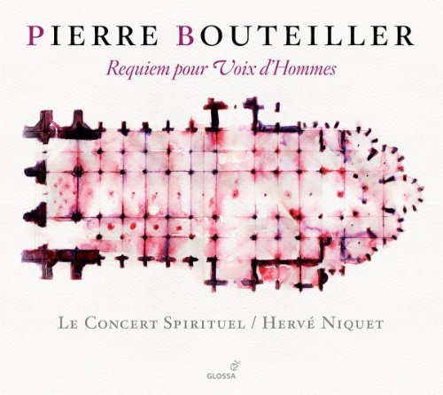 Album cover with red-stained grid image, artist and ensemble names on white background.