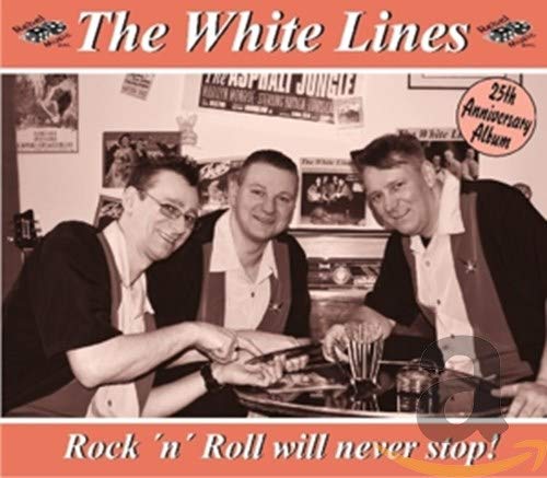 "Album cover with sepia-toned photo of three men at a table, with red accents."