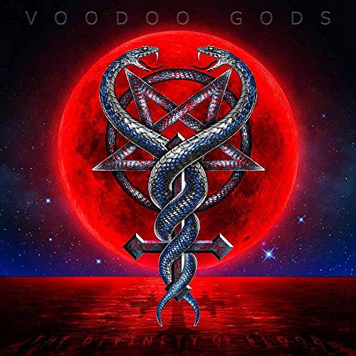 Album cover with snakes entwined around a pentagram and cross against a red moon.