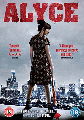 "Alyce DVD cover featuring a woman holding a bloody axe, cityscape in background."