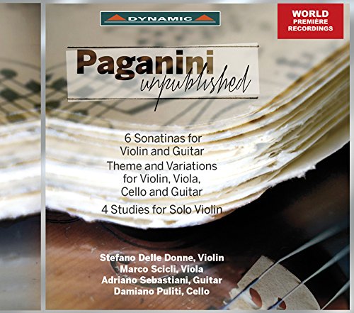 CD cover with sheet music and violin, titled "Paganini Unpublished" with artist names listed.
