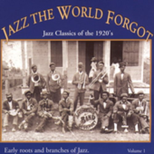 Blue CD cover with vintage black-and-white photo of 12 men playing instruments outside a building.
