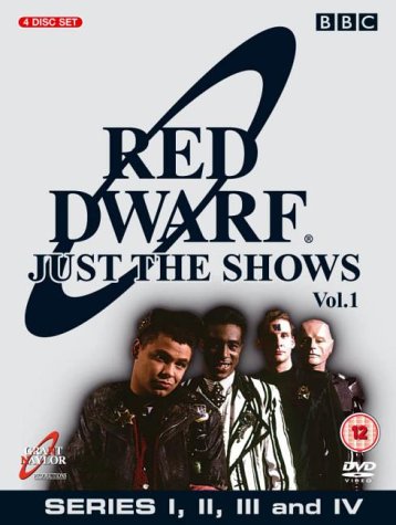 "Red Dwarf: Just The Shows Vol 1 DVD cover featuring four main characters."