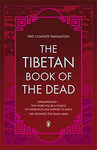 The image is a book cover for "The Tibetan Book of the Dead". alt text: Red book cover with white text and pink border design.