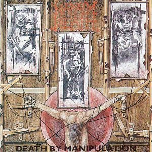 "Album cover art: crucified figure surrounded by three black and white illustrations."