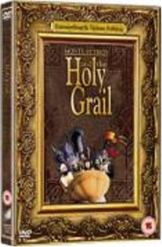 "Monty Python's Holy Grail DVD case with ornate gold frame and medieval imagery."